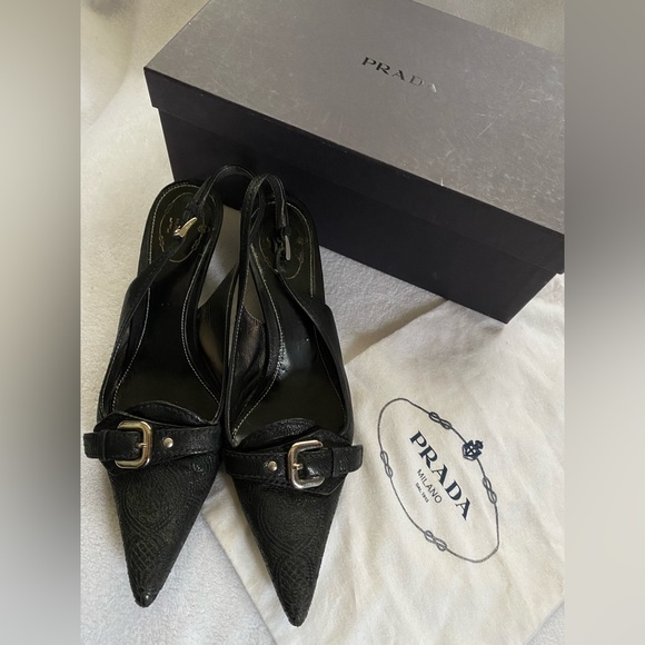 Prada Shoes - Prada Black Pointed Toe Slingback Heels with Buckle Accent